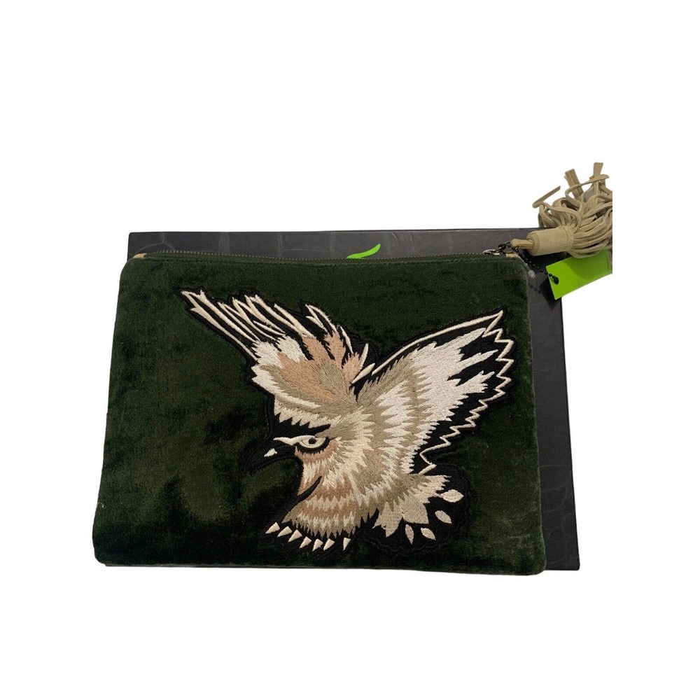Sam Edelman Emerald Green Velvet Eagle Suede Embroidered Clutch Handbag NIB